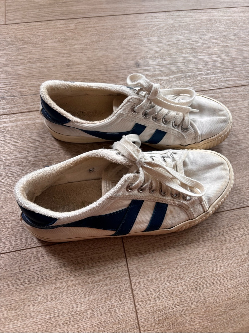 Women’s White Canvas Sneakers with Navy Stripes